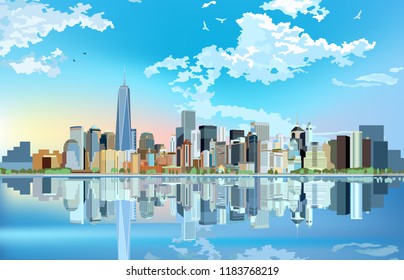 New york Skyline. Manhattan financial district with skyscrapers over East River. Vector illustration.