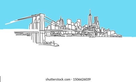 New York  Skyline Panorama Vector Sketch. Hand-drawn Illustration on blue background.