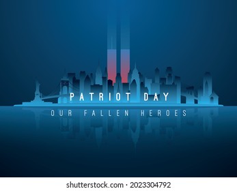 New York skyline silhouette with glowing Twin Towers behind. American Patriot Day banner. World Trade Center. Vector illustration.