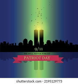New York skyline silhouette with Twin Towers and birds flying up like souls. American Patriot Day banner.