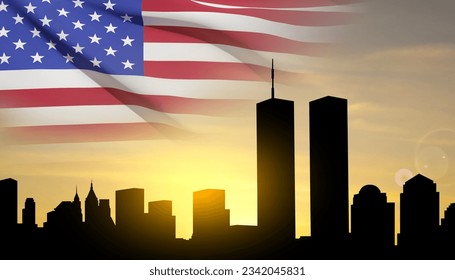 New York skyline silhouette with Twin Towers and against the sunset with USA flag. 09.11.2001 American Patriot Day banner