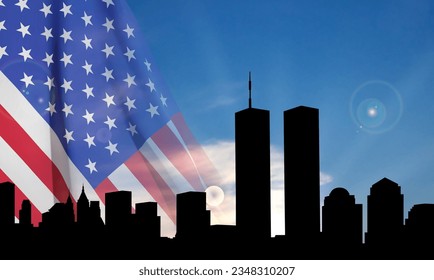 New Yorker Skyline-Silhouette mit Twin Towers und gegen den Sonnenuntergang. 09.11.2001 American Patriot Day Banner. EPS10-Vektor