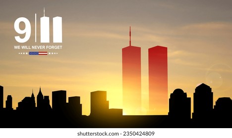 Silhouette der New Yorker Skyline mit Twin Towers am Sonnenuntergang. 09.11.2001 American Patriot Day Banner. EPS10-Vektor