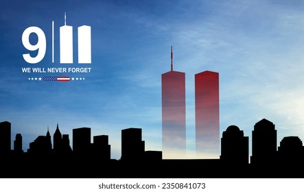 New York skyline silhouette with Twin Towers on background of sky. 09.11.2001 American Patriot Day banner. EPS10 vector