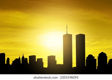 New York skyline silhouette with Twin Towers against the sunset. 09.11.2001 American Patriot Day banner. EPS10 vector