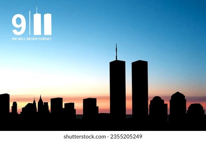 New Yorker Skyline-Silhouette mit Twin Towers gegen den Sonnenuntergang. 09.11.2001 American Patriot Day Banner. EPS10-Vektor