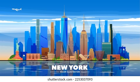 New York skyline in the sky background. Flat vector illustration. Business travel and tourism concept with modern buildings. Image for banner or website.