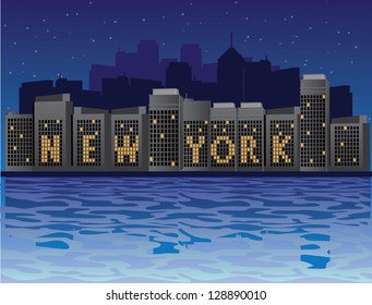 New York Skyline Spelled in Lit Windows. EPS 8 vector, grouped for easy editing. No open shapes or paths.