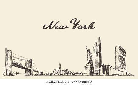 New York skyline, USA, hand drawn vector illustration, sketch