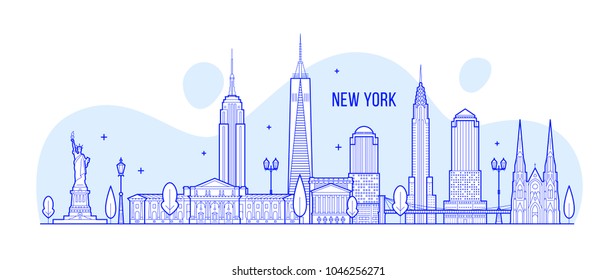 New York skyline, USA. This vector illustration represents the city with its most notable buildings. Vector is fully editable, every object is holistic and movable