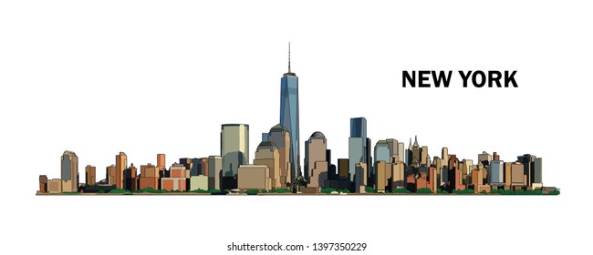New York skyline, vector colorful illustration. High detailed creative drawing. Watercolor flat style.