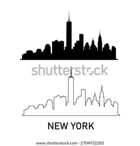 New York skyline vector featuring iconic cityscape in bold black silhouette and clean line art outline, modern NYC landmark illustration for posters, branding, travel,