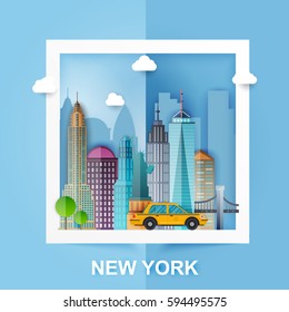 New York. Skyline and vector landscape of buildings and famous landmarks. Paper Style. Vector illustration.