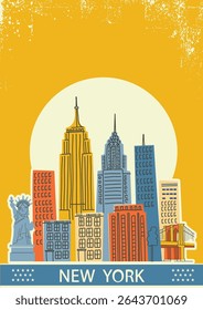 New York skyline vector retro Poster. Manhattan hand drawn New York illustration on old paper background texture for design, website, presentation, cards.
