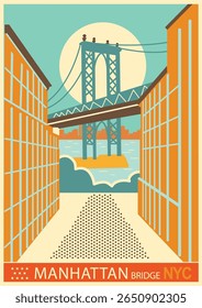 Nova Iorque skyline vetor retro Poster. Mão de Manhattan desenhou a ilustração de Nova York na textura de fundo de papel velho para o design, site, apresentação, cartões.