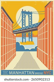Nova Iorque skyline vetor retro Poster. Mão de Manhattan desenhou a ilustração de Nova York na textura de fundo de papel velho para o design, site, apresentação, cartões.