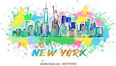 New York Skyline Water Farbe NYC bunter Aquarell Skyline