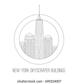 New York skyscraper attractions. Vector thin lined outlined icon of New York city skyscraper buildings. City design front view elements four tourist visit isolated on white background.