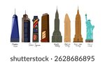 New York skyscraper. The most high building in New York. Hand drawn Statue of liberty, Empire state building. Vector collection isolated on a white background.