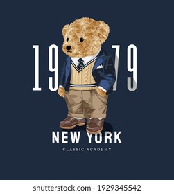 New York slogan with cute bear doll in sweater and blazer jacket illustration