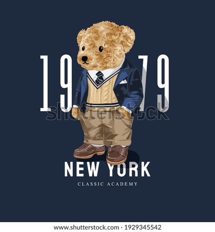New York slogan with cute bear doll in sweater and blazer jacket illustration