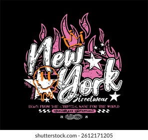 New York slogan with globe and fire flames, urban streetwear style for T-shirt design and apparel