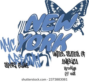 New York Slogan graphic, Summer themed illustration, butterfly and graffiti 