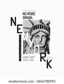 New York slogan with liberty statue face illustration