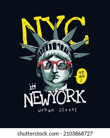 new york slogan with libety statue in sunglasses vector illustration on black background