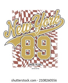 new york slogan on checkered background and college style.textile printing drawing, t-shirt graphic design - Vector
