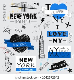 New York slogan set isolated on gray background. Trendy hand drawn typography for web site,label,poster,placard and t shirt print template.Creative kids painting art concept,vector illustration eps 10