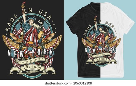 New York slogan. Statue of liberty, eagle, flag and map. United States of America. Patriotic art. Old school tattoo style. T-shirt design. Creative print for clothes. Template for posters, textiles 