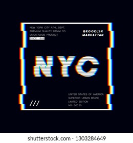 New York slogan typography graphics with glitch effect. NYC modern print for t-shirt design. Vector illustration.