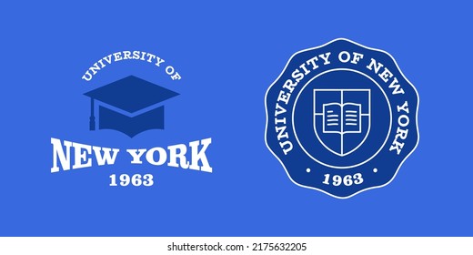 New York slogan typography graphics for t-shirt. University print and logo for apparel. T-shirt design with shield and graduate hat. Vector illustration.