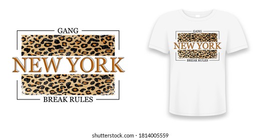 New York slogan typography on leopard texture. Fashion t-shirt design. Girls tee shirt trendy print on t shirt mockup. Vector illustration.
