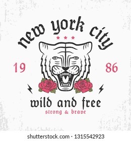 New York slogan typography with tiger and rose flower for tee shirt. Vintage t-shirt print with grunge. Vector illustration.