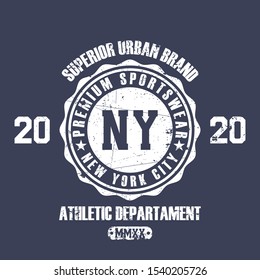 New York slogan typography for t-shirt. NY track and field tee shirt, grunge apparel print. Vector illustration.