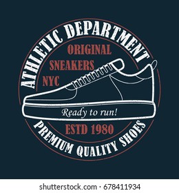 New York, Sneakers - grunge typography for design clothes, t-shirt with athletic shoes. Graphics for print product, apparel. Vector illustration.