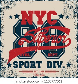 New York  Sport wear typography emblem, t-shirt stamp graphics, tee print, athletic apparel design. Vector illustration.