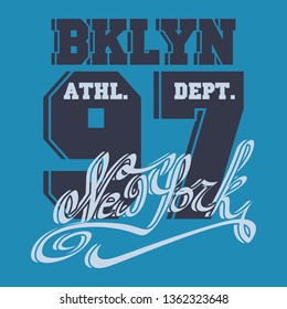 New York Sport wear typography emblem. Brooklyn  tee print. T-shirt stamp design graphic, original design clothing. Vector.