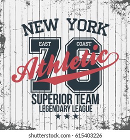 New York sportswear emblem. Athletic university apparel design with lettering. T-shirt graphics. Vector