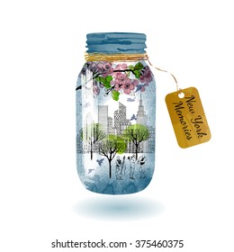 New York in Springtime in glass jar. watercolor vector background