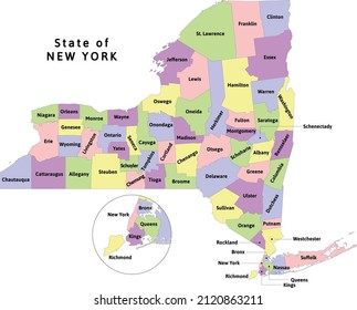 New York state administrative map with counties. Clored. Vectored. Yellow, green, blue, pink, violet