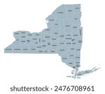 New York State counties, gray political map. New York, a state of the Northeastern United States, one of the Mid-Atlantic states, subdivided into 62 counties. Map with boundaries and county names.