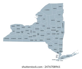 New York State counties, gray political map. New York, a state of the Northeastern United States, one of the Mid-Atlantic states, subdivided into 62 counties. Map with boundaries and county names.