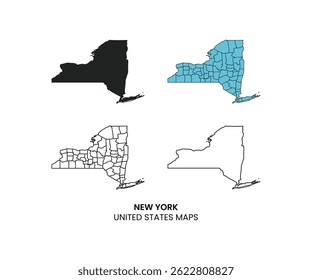 New York state county map, High detailed vector map. New York Map Black, State Border, United States, US America, Transparent Isolated, Variations.