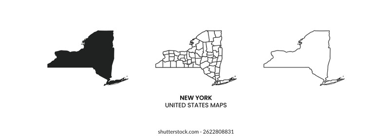 New York state county map, High detailed vector map. New York Map Black, State Border, United States, US America, Transparent Isolated, Variations.