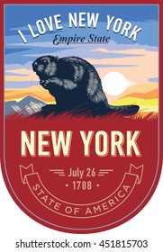 New York state emblem, Beaver, sunrise on a red background