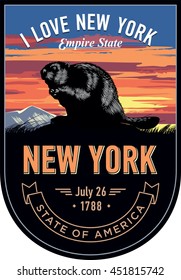 New York state emblem, Beaver, sunset on a dark background