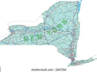 New York State Interstate, US Highway and State Road map with detailed waterways and town names.